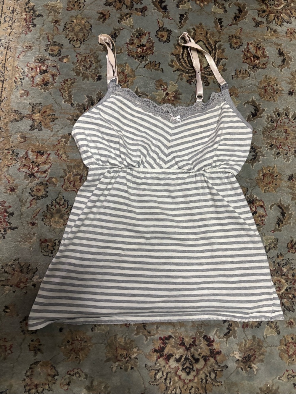 Striped Gray & White Maternity Nursing Sleep Cami with Lace Trim